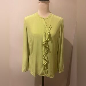 Lafayette 148 New York Chartreuse Green Ruffle Blouse, size 10